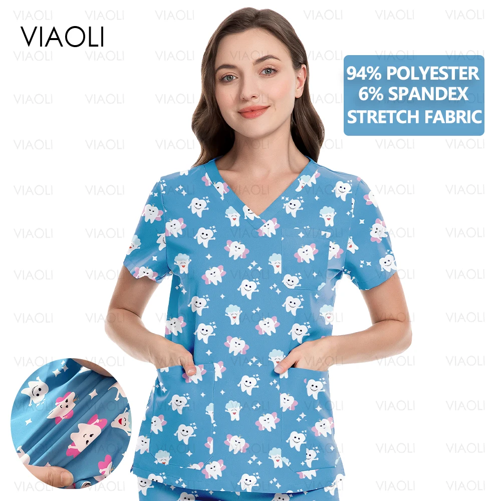 Surgical Uniforms Woman Men Scrub Top Short Sleeve T-shirt Medical Uniforms Vet Clinical Uniforms Cute Puppy Teeth Cartoon Print