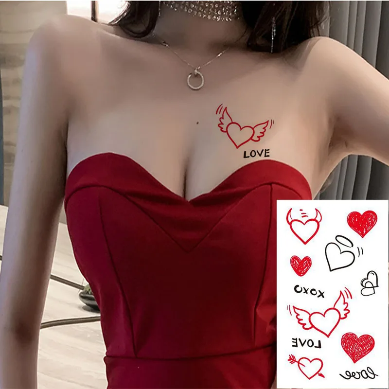 Tatouage Temporaire Étanche pour Couple, Autocollant en Forme d\'Aile de Cœur Rouge, Transfert d\'Eau, Faux Flash, pour Homme et Femme