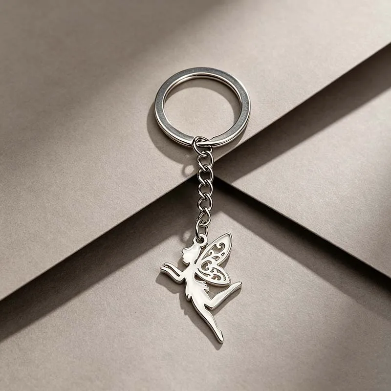 Flying Fairy Pendant Stainless Steel Key Chain Beautiful Angel Elf Keyring Girls Student Schoolbag Keychains Gifts Accessories