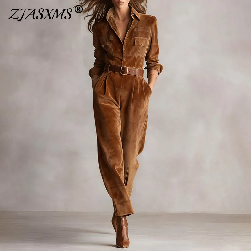 Women's Vintage Solid Velvet Jumpsuit Lapel Long Sleeve Belted Wide Leg Streetwear Romper Spring Fall Slim Pocket Office Overall