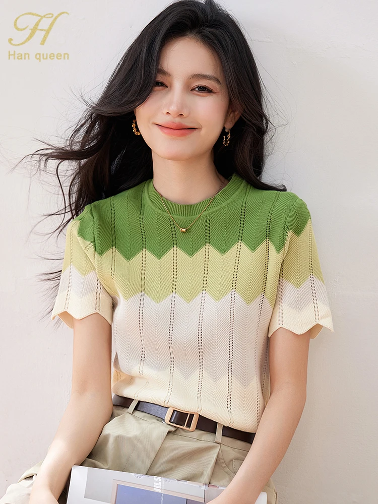 H Han Queen 2024 Female Clothing Striped Knitwear Simple Short Sleeve T-Shirt Summer Tops Korean Chic Casual Blouse Women Tees