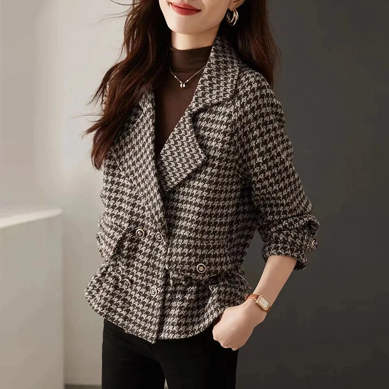 

Thousand Bird Grid Coat for Women 2025 Winter New Loose Style Casual Temperament Small Collar Simple Warm Woolen Coat for Women