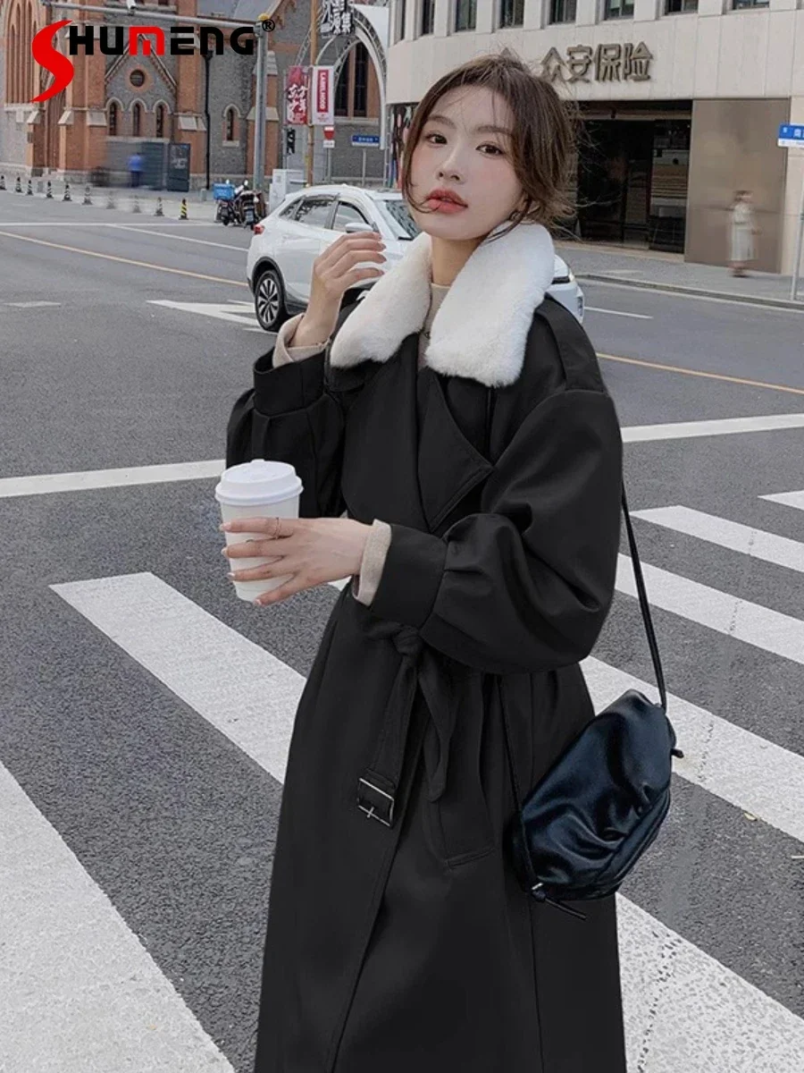 

Autumn Winter New Women's Parka Coats Black Trench Coat Mid-Length Feminine Fashion Fleece Cotton-Padded Warm Long Sleeve Parkas