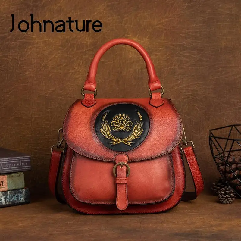 Johnature Genuine Leather Multi-purpose Shoulder Bag Women Backpack Handmade Vintage Natural Soft Cowhide Versatile Handbag