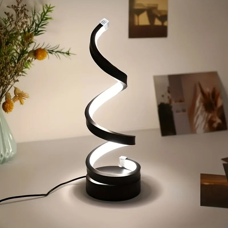 Lampu meja Spiral, untuk kamar tidur kantor, rak buku, dekorasi rumah ruang tamu, peredupan tiga warna