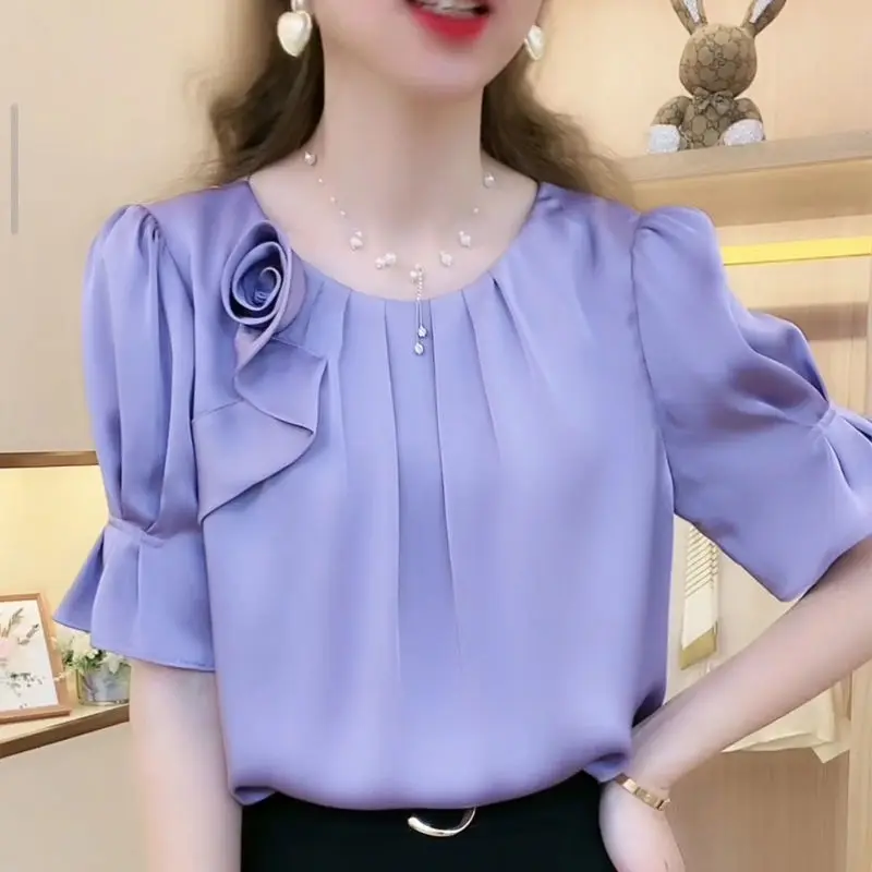 Summer Korean Elegant Female Solid Color Folds Spliced Blouse Fashion All-match Round Neck Short Sleeve Shirt Women\'s Clothing