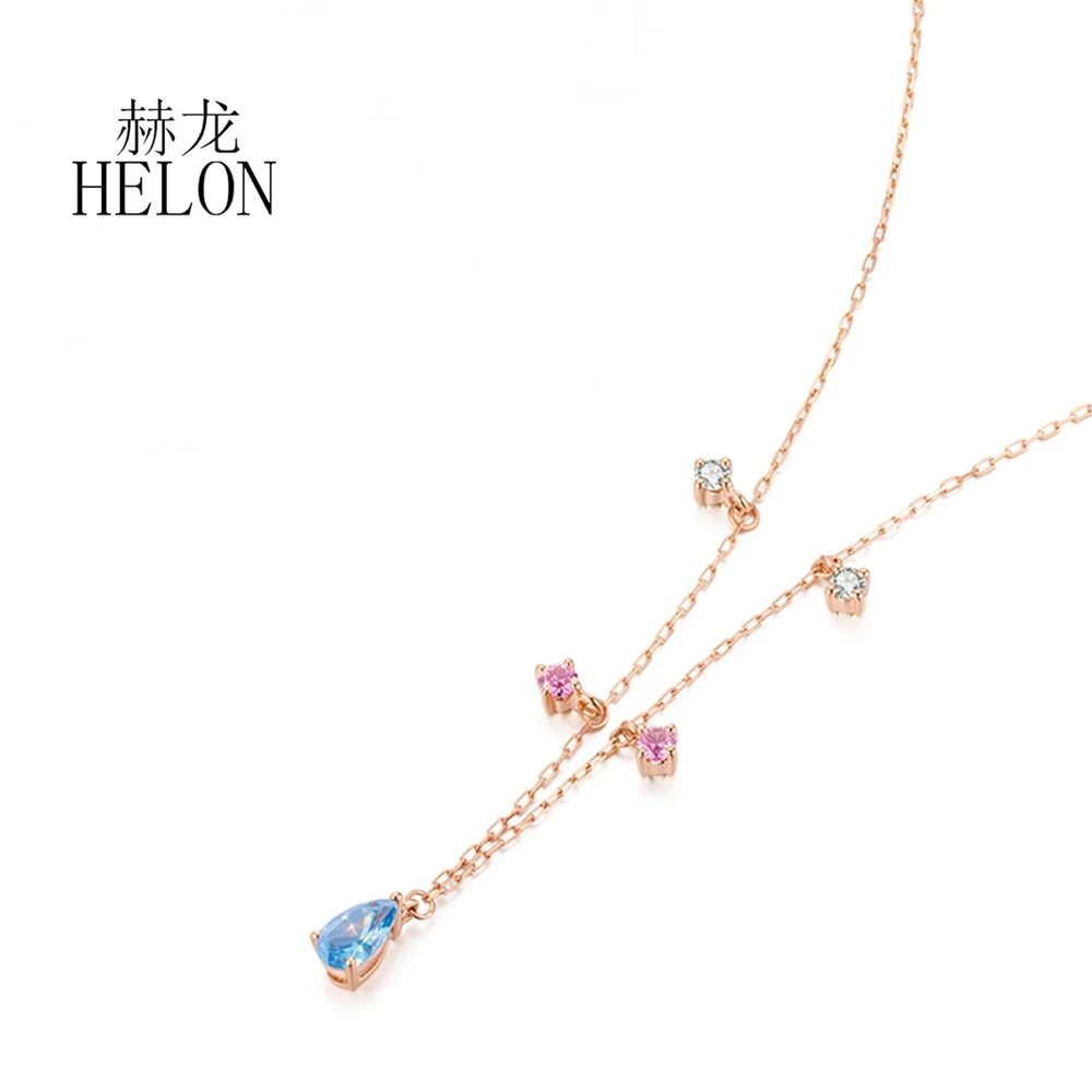 HELON Solid 18K Rose Gold Natural Diamonds Pink Sapphire Necklace Real Blue Topaz Pendant Trendy Classic Lock Chain Charm Gift