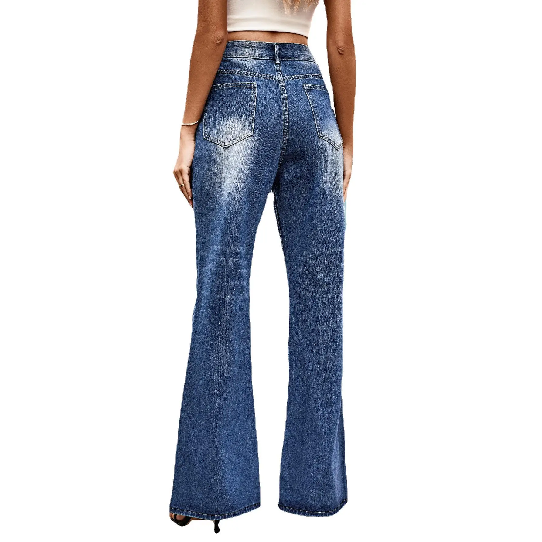 Calça jeans feminina azul desleixada, calça jeans rasgada, versátil, cintura média