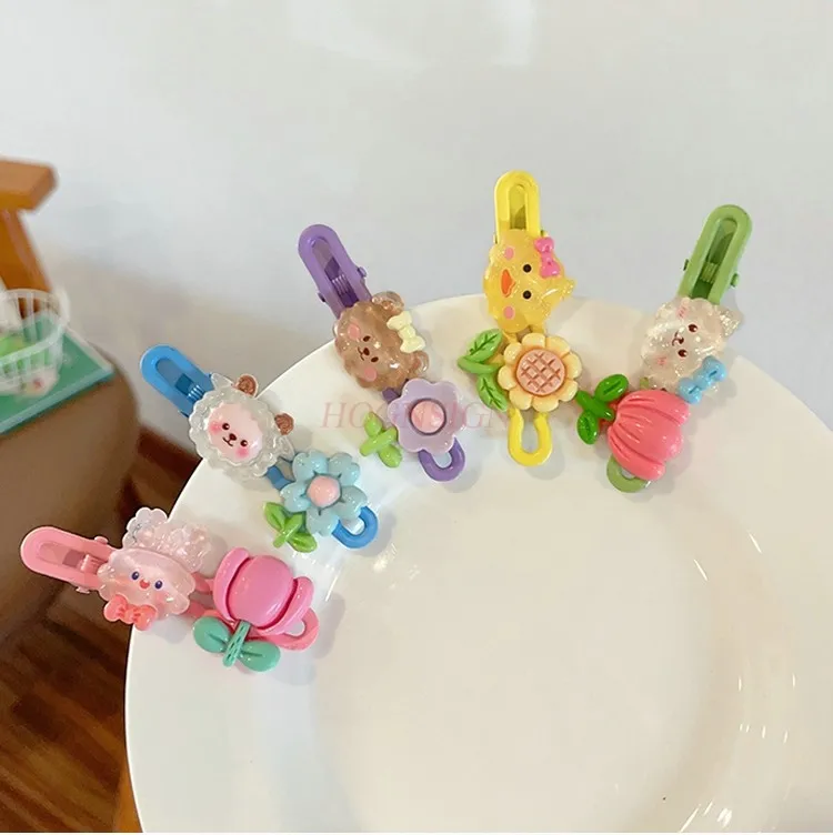 لطيف زهرة دبوس الشعر فتاة أغطية الرأس الكرتون بطة الفم كليب دبوس الشعر الملونة كليب