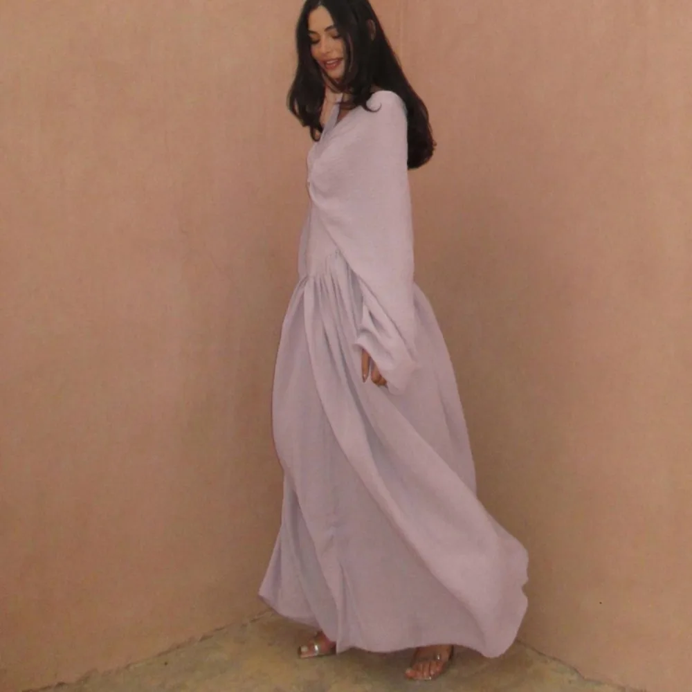 TWOTWINSTYLE French Pleated Design Dresses for Women V Neck Batwing Sleeve High Waist Gentle Long Dress Female New Fashion Style