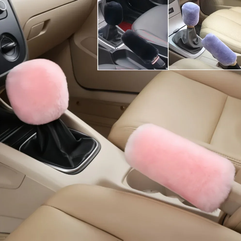 2PCS Winter Plush Car Gear Sleeve Automatic Manual Transmission Compatible Gear Lever & Handbrake Cover for Shift Comfort