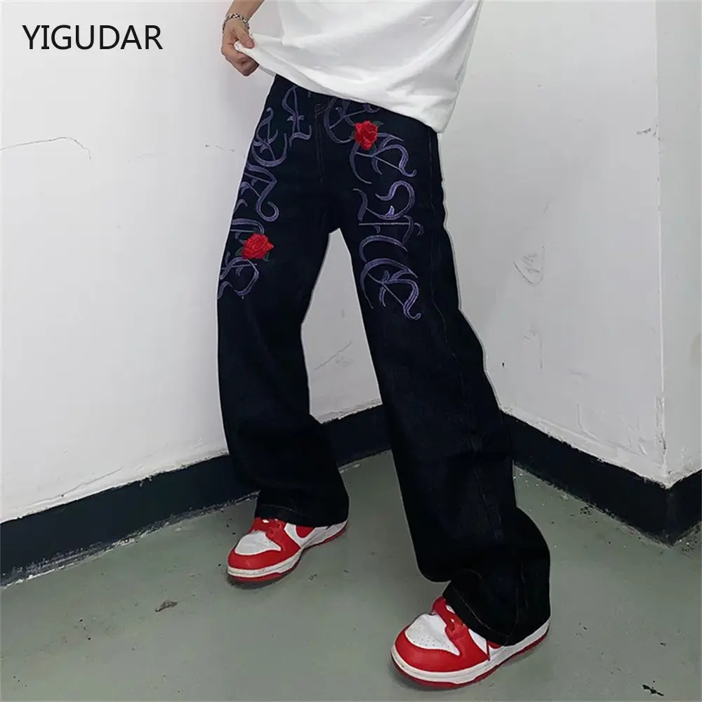 

2022 Letter Embroidery Casual Jeans Men Straight Wide Leg Pants women Summer Women Harajuku Oversize Streetwear Denim Trousers