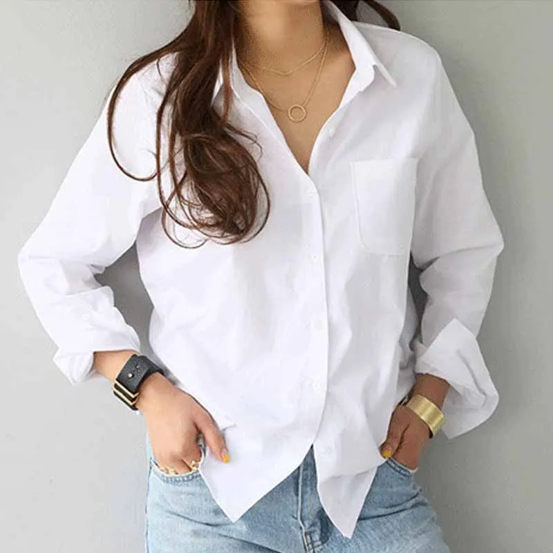 Blusas Casual Ladies Blouse Cotton White Shirt Women Fashion Long Sleeve Clothes Button Up Loose OL Style Women\'s Tops