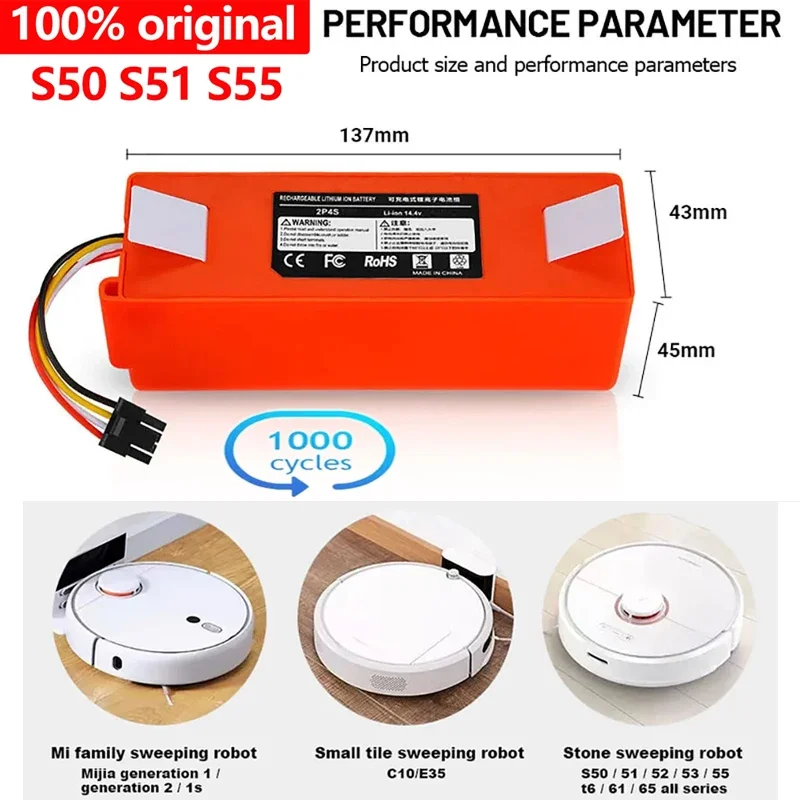 

100% NEW 12800mAh 14.4V li-ion Battery Vacuum Cleaner accessories for xiaomi mi robot Robotics cleaner roborock S50 S51 T4 T7 T6