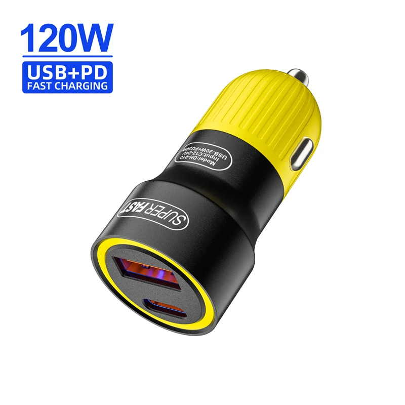 120W USB Type C Dual Ports Car Charger Lighter Quick Charge 4.0 3.0 For iPhone Xiaomi Samsung Fast Charging Phone Charger