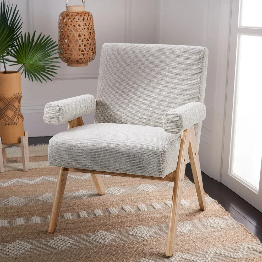 Beige Home Comfortable Linen Upholsteried Wooden Armchair for Living Room Bedroom