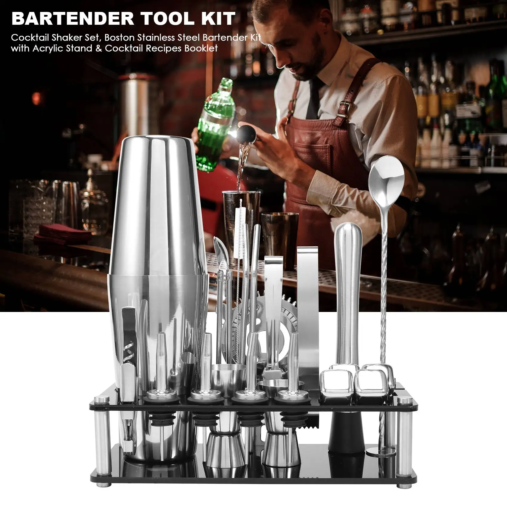 ABKS-Cocktail Shaker Set, Boston Stainless Steel Bartender Kit With Acrylic Stand & Cocktail Recipes Booklet