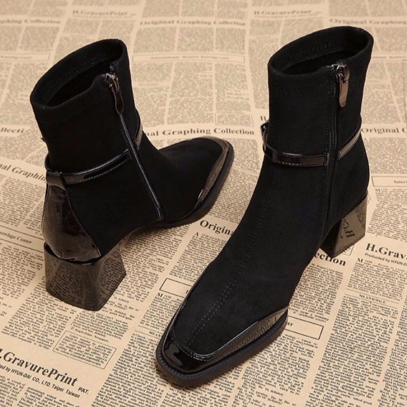 الخريف الشتاء ساحة تو النساء حذاء من الجلد حزام مشبك كعب سميك أحذية الشارع نمط مأدبة فستان الحفلات قصيرة بوتاس Mujer