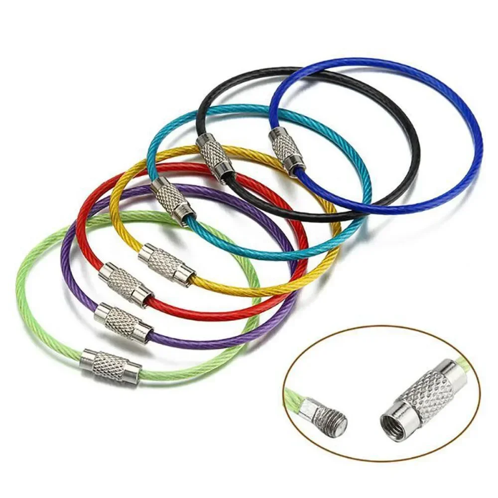 5Pcs Colorful EDC Keychain, Stainless Steel Carabiner Key Holder with Wire Keyrings Cable Rope Screw Locking