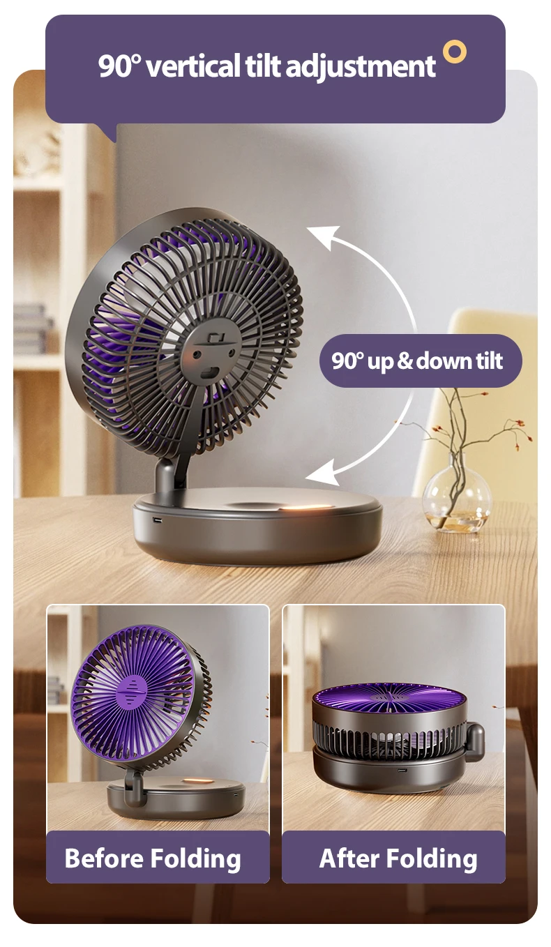 1 x wiederaufladbarer 3-in-1-Multifunktions-Desktop-Lüfter, 90 ° Faltbarer, wandmontierter Ventilator, 4-stufige Geschwindigkeiten, mit warmem Nachtlicht – Detail 10