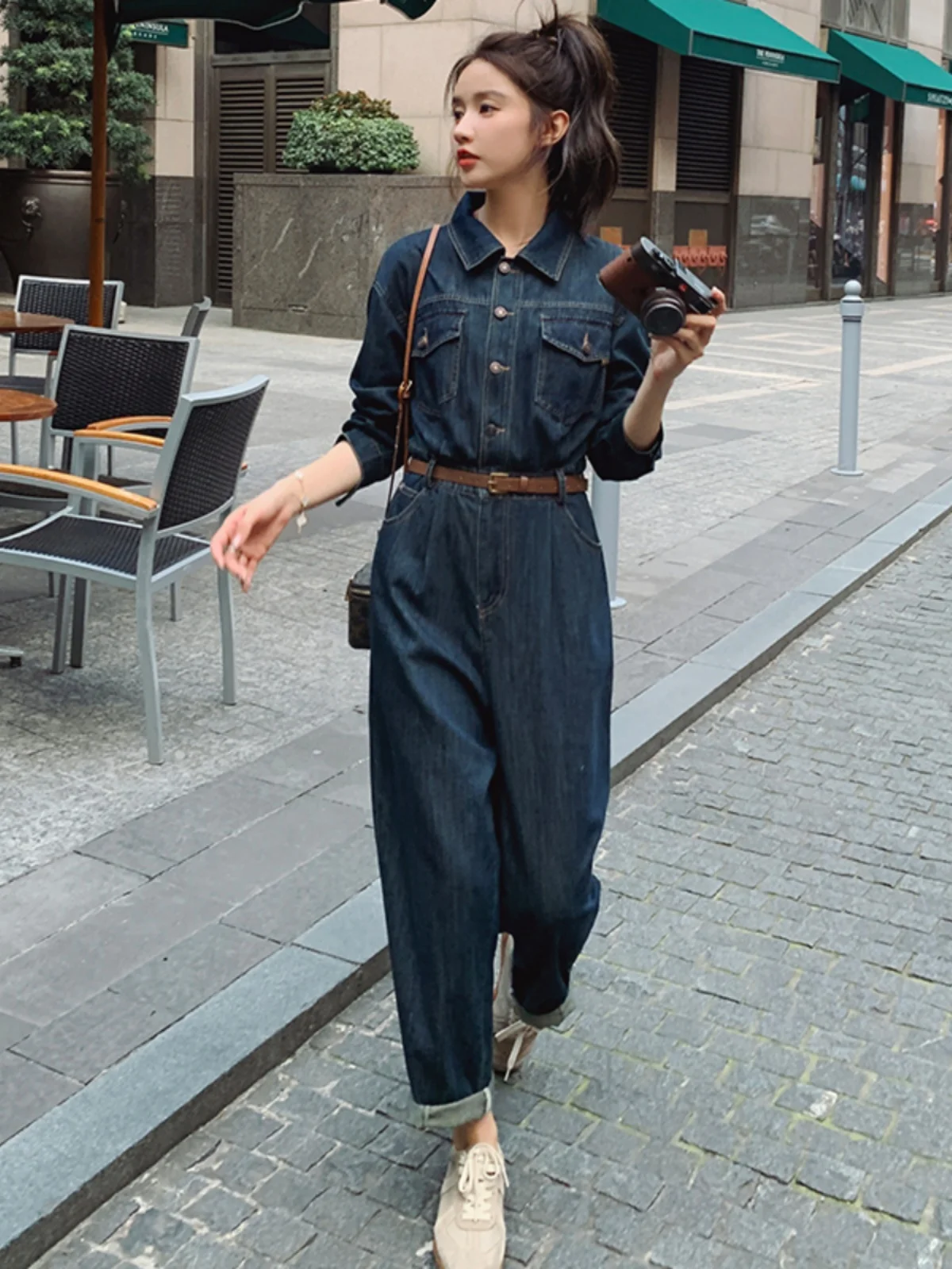 

Chic Workwear Denim Onesie for Women Spring Autumn High Waist Straight Leg Long Pants Faionable Ele New Arrival 2024