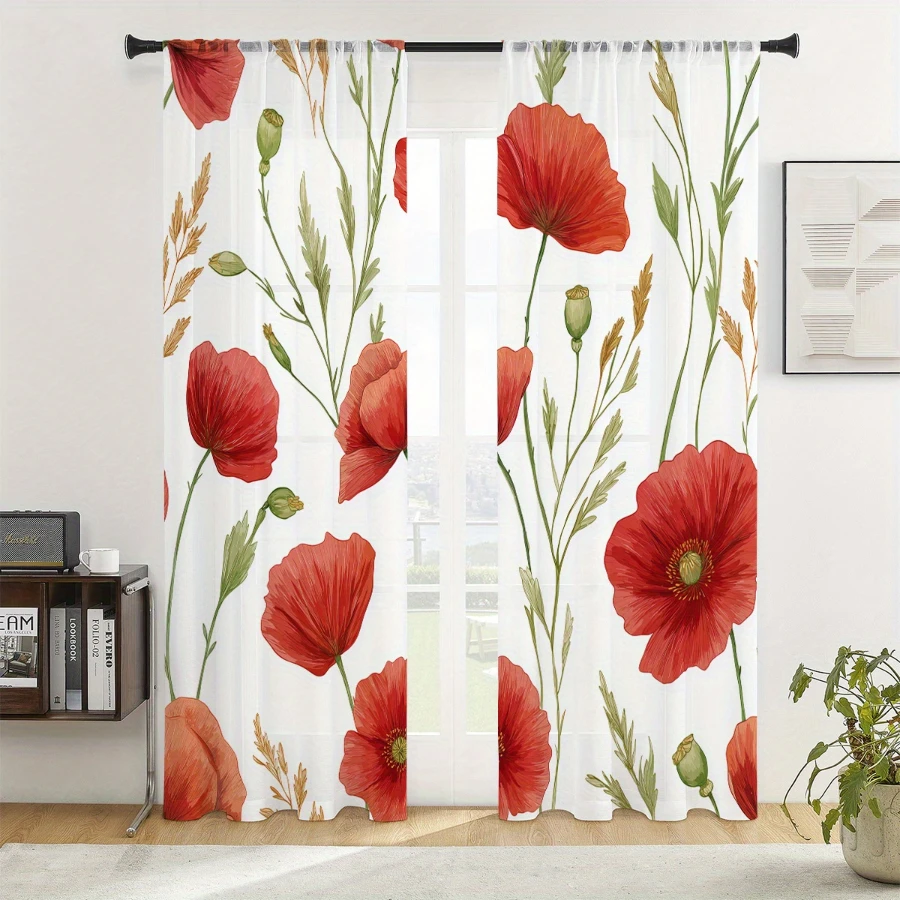 2PCS Digital Print Sheer Curtains, Red Poppy Flower Pattern, Vintage Oil Painting Style for Living Room Home Window Decor - view 5