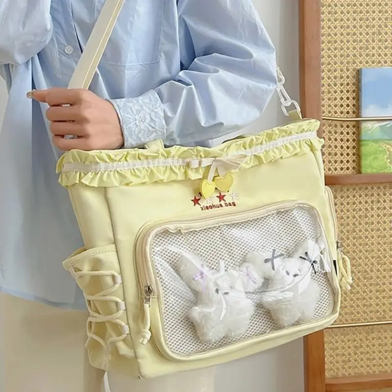 

652F Large Capacity Crossbody Bag for Pin Display Lovely Ita Bag Ruched Lace Bows Shoulder Bag School Bag Bag