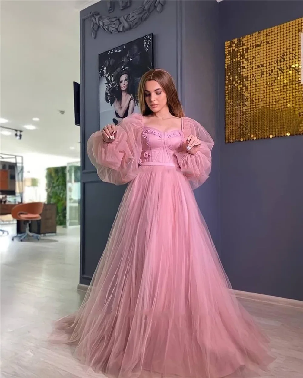 Hot Pink A Line Tulle Prom Dresses Puff Long Sleeves 3D Flowers Women Evneing Formal Gowns Outfits Event Party Gowns Customized