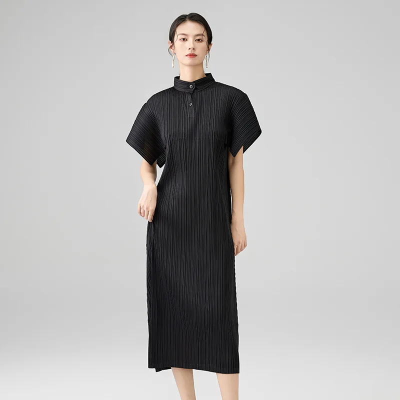 

Miyake Pleats, Women, High Quality, Simple Solid Color, Stand Collar Short Sleeves, Loose, Elegant Dress, 2026 Summer New Style