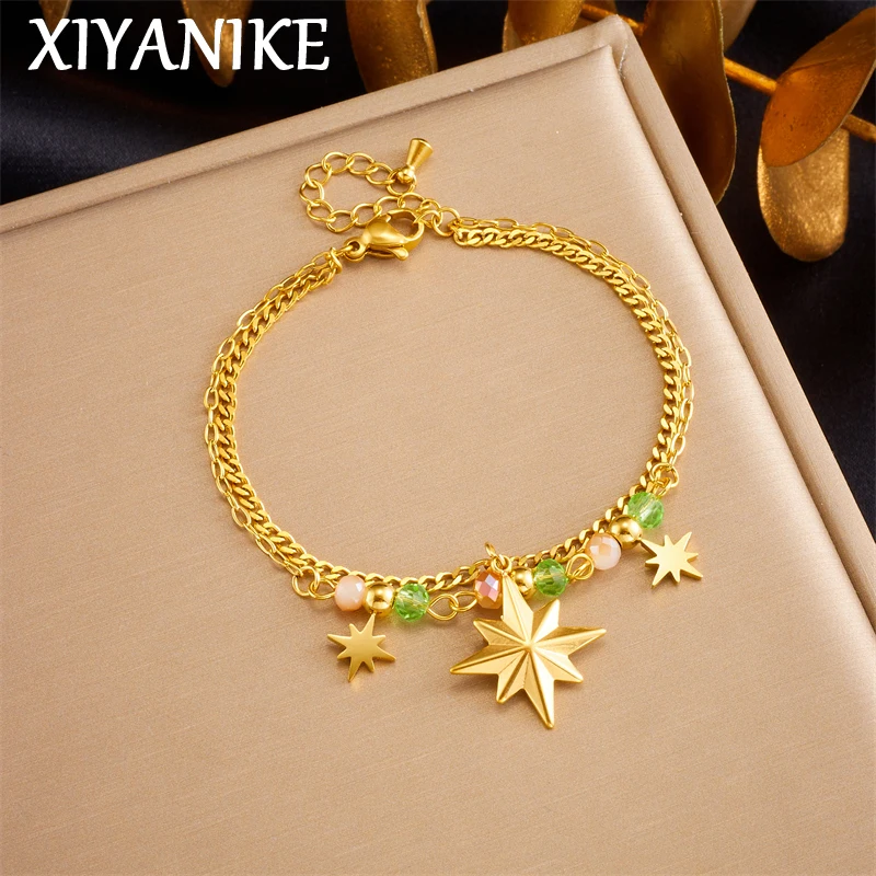 XIYANIKE 316L Stainless Steel Gold Color 2-Layers Lucky Stars Bracelet For Women Fashion Colorful Bead Wrist Chain Jewelry Gifts