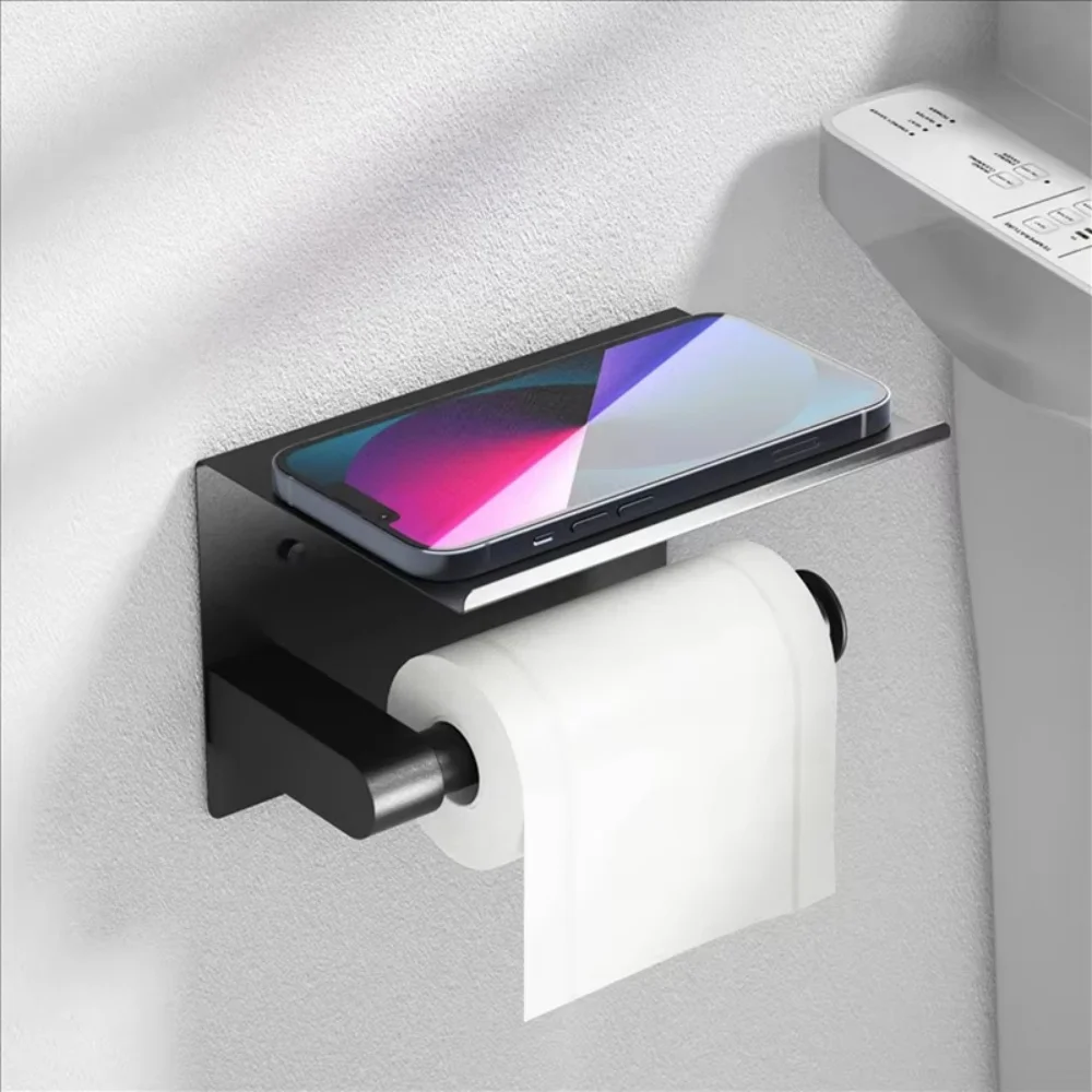 

1Pcs Stainless Steel Multifunctional Roll Paper Holder Toilet Bathroom Wall Mounted Drilling With Phone Storage Tray Tissue Rack