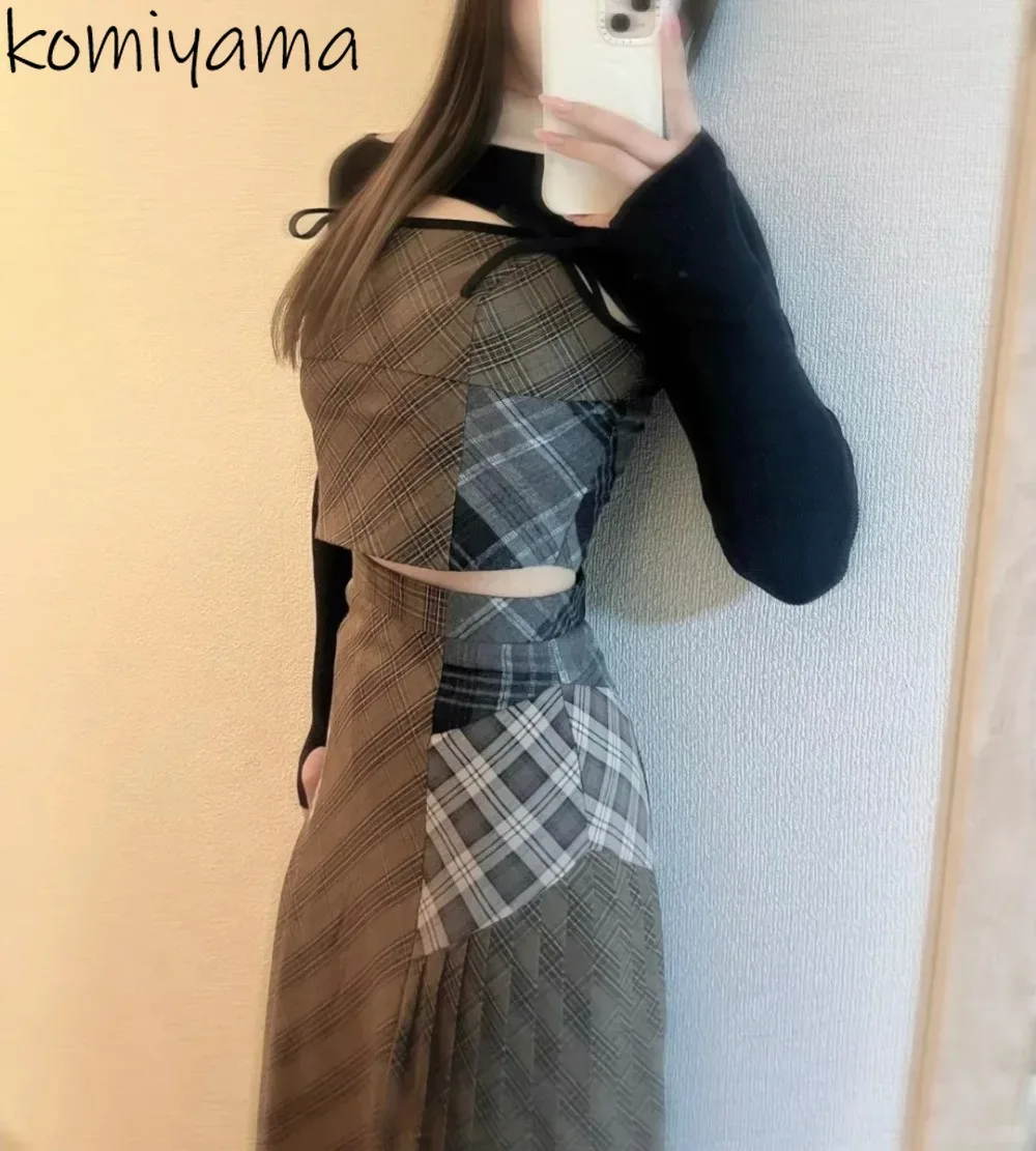 

Контрастный комплект в японском стиле, сексуальные клетчатые майки на шнуровке с бантом, модная плиссированная юбка трапециевидной формы с высокой талией, новинка весны и лета 2023 г.