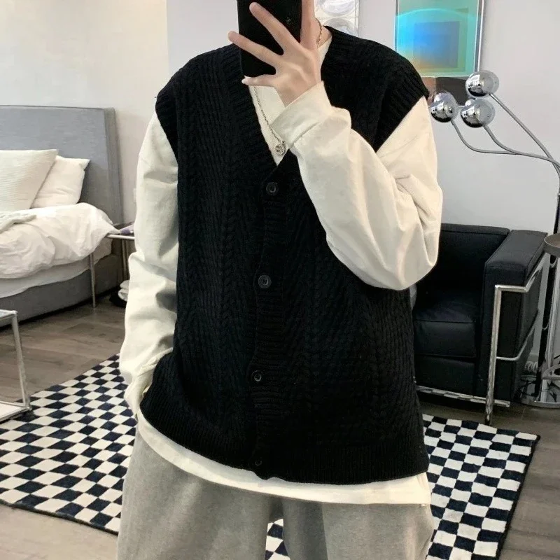 

Весенне-осенний винтажный мужской вязаный кардиган в гонконгском стиле, жилет в корейском стиле, однотонный жилет с v-образным вырезом на пуговицах