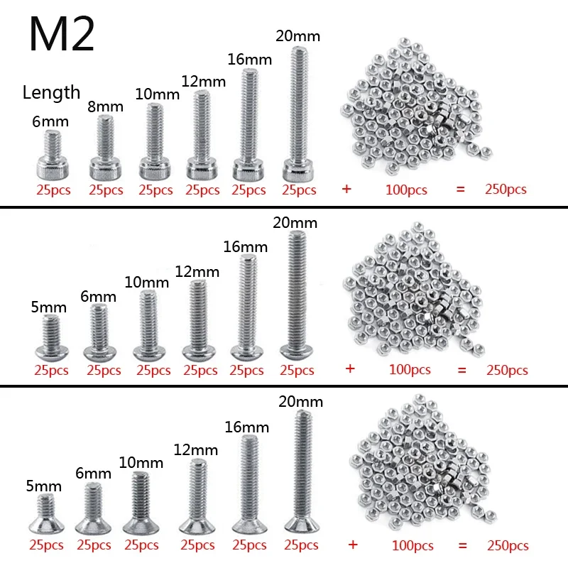 250 pc/set A2 stainless steel M3 cap/button/flat head screws sets hex socket bolts with hex nuts assortment kit