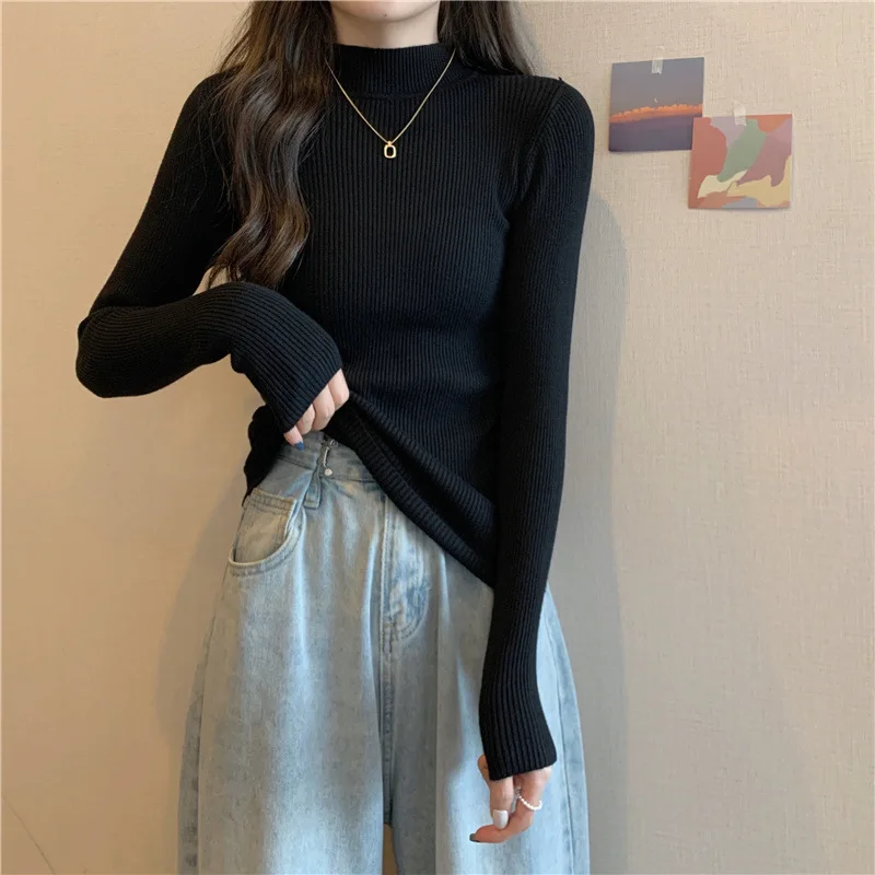 Pull Vintage à Col Montant pour Femme, Vêtement Basique, Solide, Décontracté, Slim, Coréen, Simple, Chic, Automne Hiver