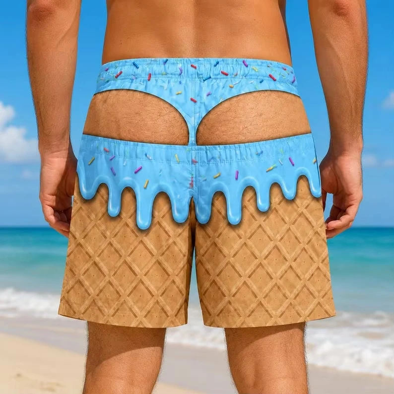 2026 Fun Men's Swim Trunks, Ice Cream Cone Beach Pants, Fake Butt Beach Shorts As A Spoof Gift for Him Family Matching