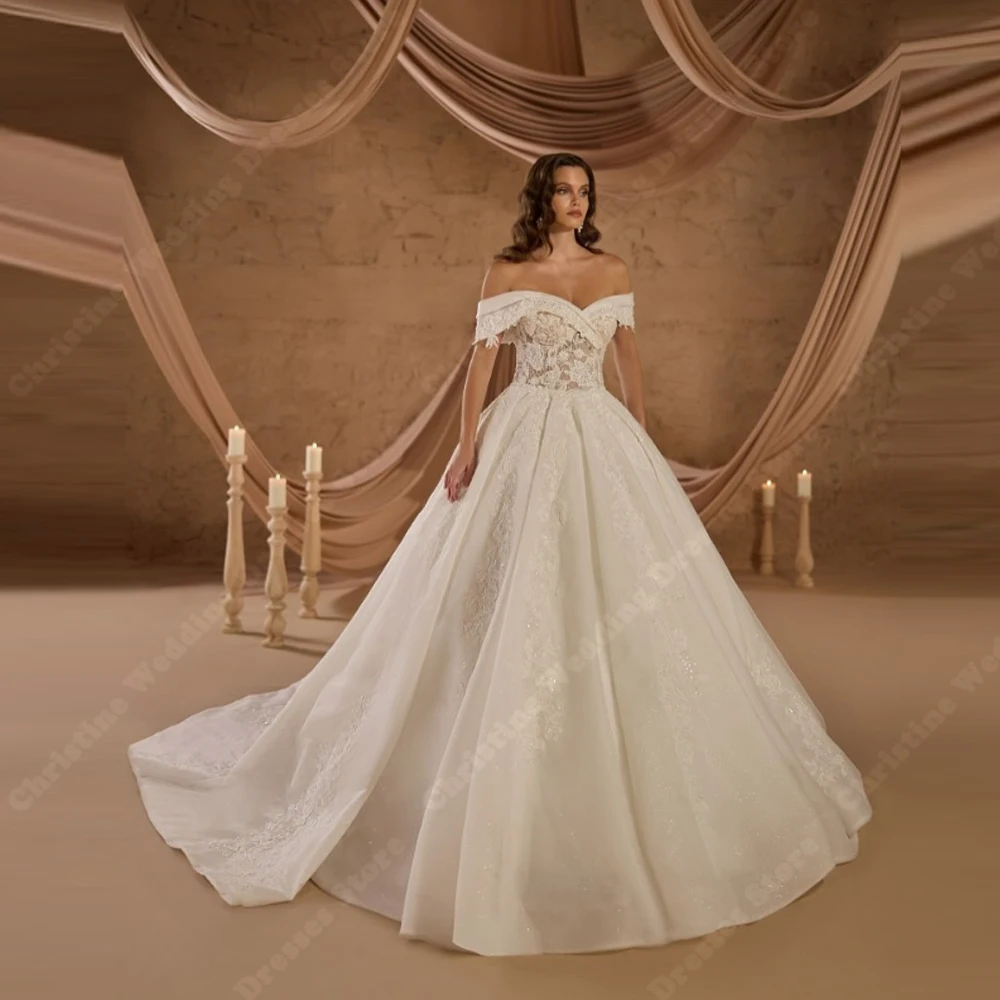 Shining A-Line Women Wedding Dresses Elegant Lace Flower Print Bride Gowns Mopping Length Vestidos De Novia Para Boda Customized
