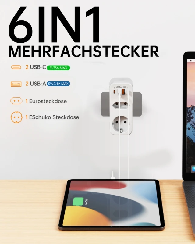 Eu Plug Power Strip 4000W European Standard Multitap Electrical Socket with 2 Usb-A 2 Usb-C Ports Charging Network Filter Adapter