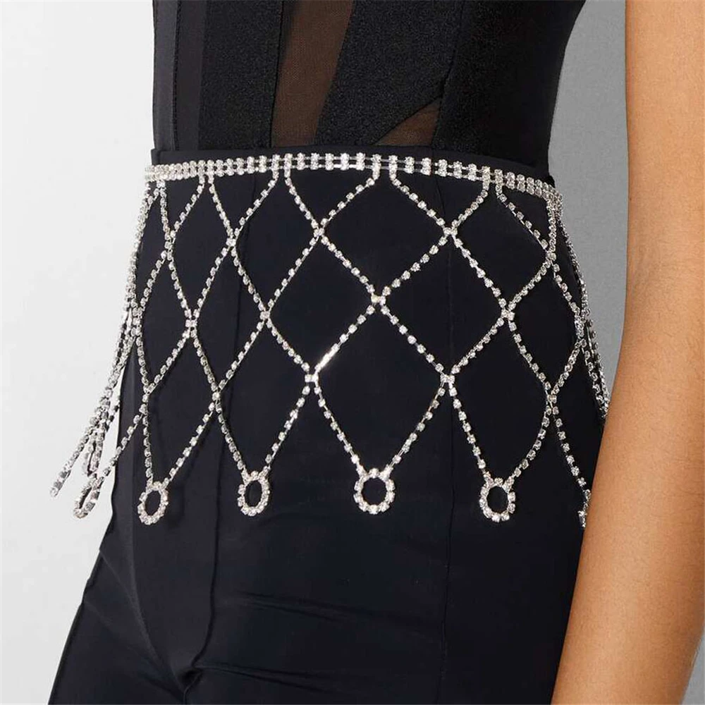 2022 New Bling Rhinestone Mesh Hollow Waist Chain Ladies Sexy Fashion Ultra Flash Crystal Round Pendant Body Chain Jewelry Gift