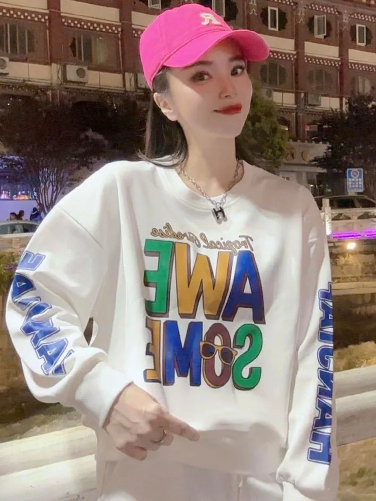Cotton round Ne Letter Print Sweatirt Women's Spring Autumn New Design Versatile Long Sve Top Comfortable Loose Fit