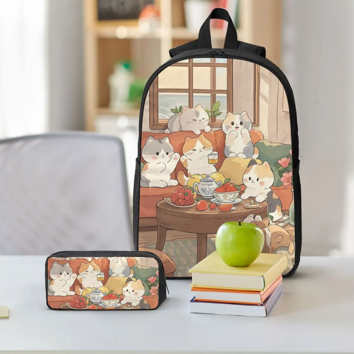 Adorable Cat In Sofa Backpack Student BookBag School Bag Shoulder Bags 3ps Insulated Lunch Bag Pencil Case