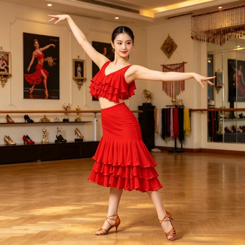 

Women Mesh Latin Dance Skirt Irregular Hem Large Swing Pleated Half Skirt for Ballroom Practice Performance Dance wear zym