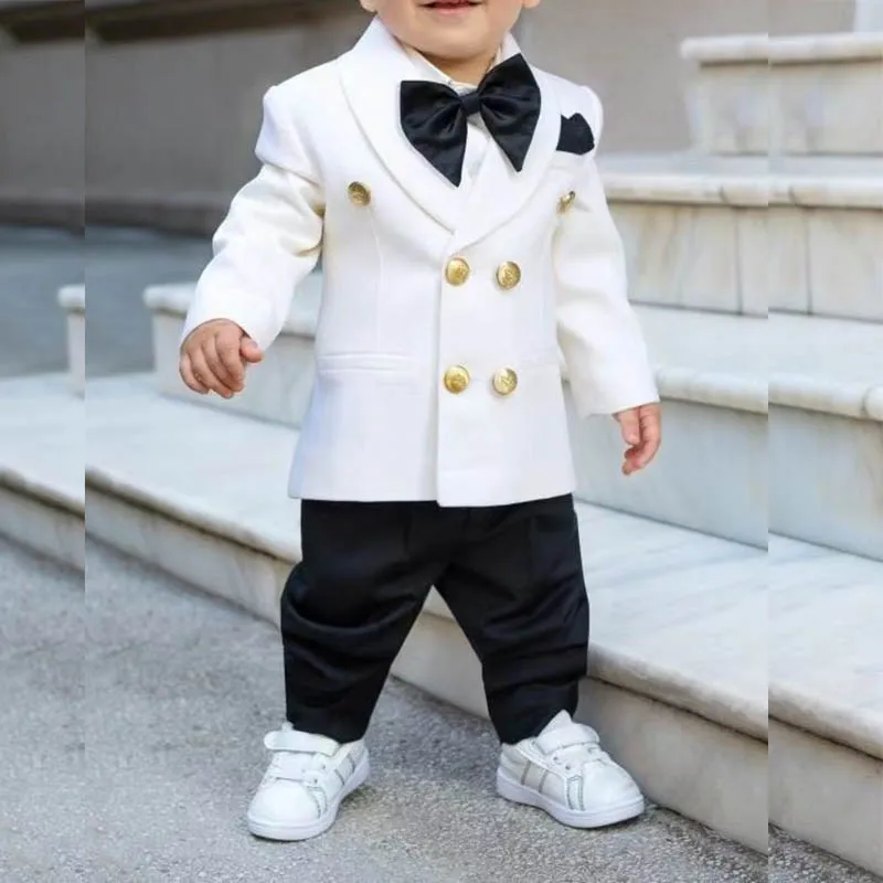 

Luxury White Blazer Black Pant 2 Piece Children Boys Suits Double Breasted Shawl Lapel Blazer Wedding costume enfant garçon