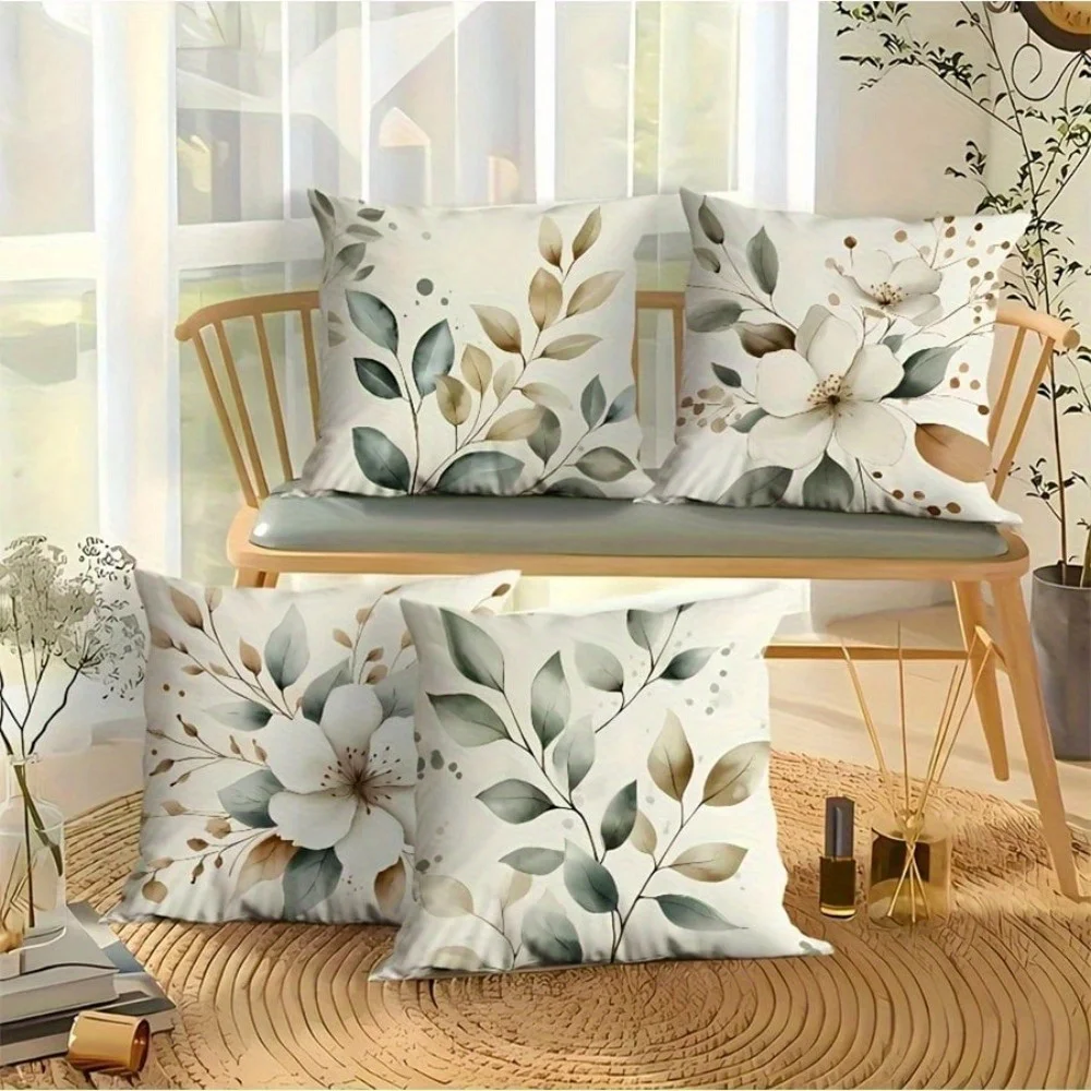 4 fundas  almohada con cremallera y estampado floral elegante - Poliéster  doble cara, estilo contemporáneo, patrón geométri