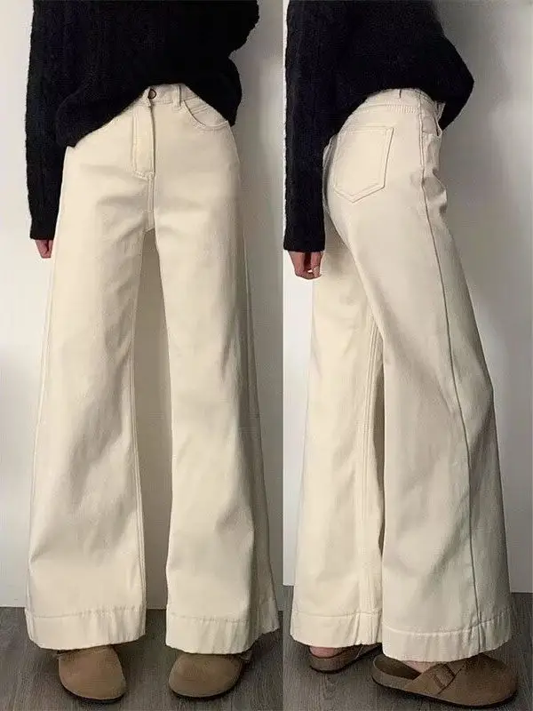 

Повседневные эластичные джинсы свободного покроя с высокой талией, светло-бежевые, весенне-осенние, новые универсальные утягивающие длинные брюки больших размеров