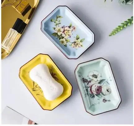 1pc European Flower Pattern Ceramics Soap Dish Soap Packaging Boxes Household Bathroom Storage Supplies Restroom Shower Supplies