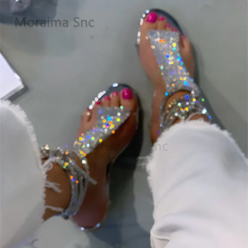 Sandálias de strass para mulheres, sapatilhas transparentes prateadas, dedo do pé redondo, sapatos de cristal Bling Bling, luxo, verão