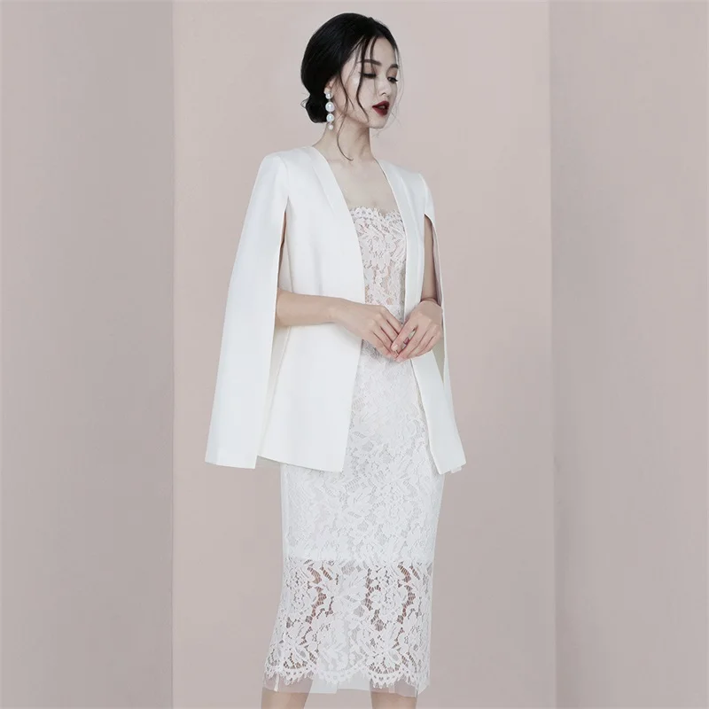 Lace White Women Saia Ternos Set Elegante Envoltório Jacket Com Suspender Prom Dress 2 Pieces Office Lady Midi Party Coat Em Stock