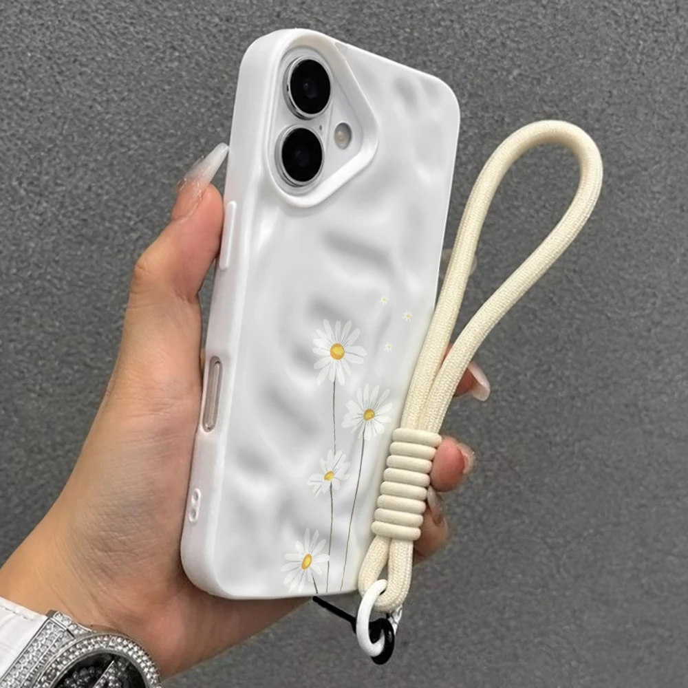 Einfache Gänseblümchen-Blumen-Silikon-Handyhülle für iPhone 17 15 13 11 12 14 16 17 Pro Max 14 15 Plus 17Air mit Lanyard-Hülle – Detail 6