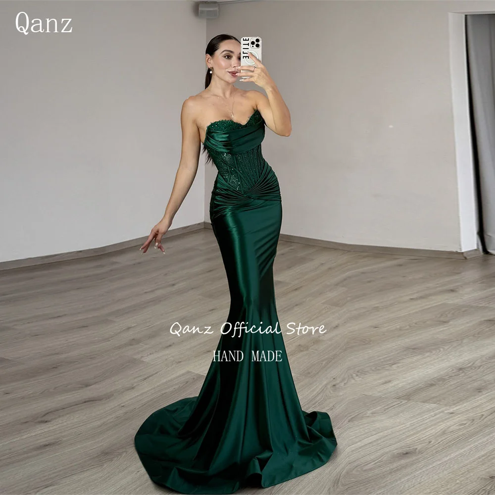 

Qanz Mermaid Evening Dresses Emerald Green Satin Sequined Lace Vestidos Formales Para Mujer Sweetheart Party Gown Customized